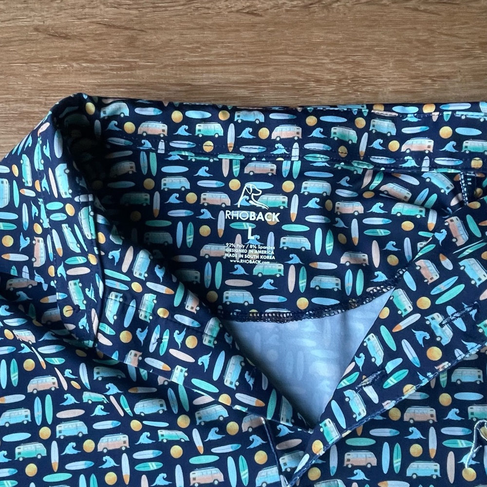 RHOBACK Polo Shirt Men’s L Blue Golf Surfboard Van Print Beach Shirt